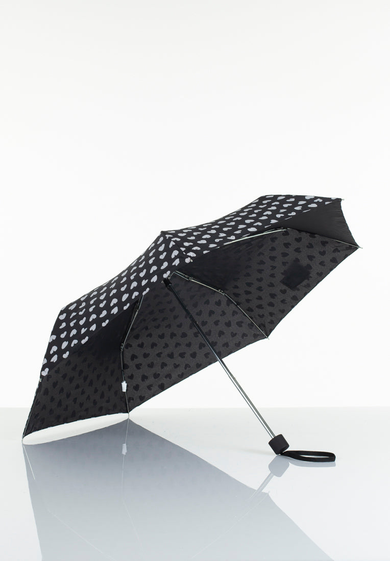 Lasessorrain-Edullinen kokoontaitettava sateenvarjo - 8790-Musta valkoisilla sydämillä-Sivusta